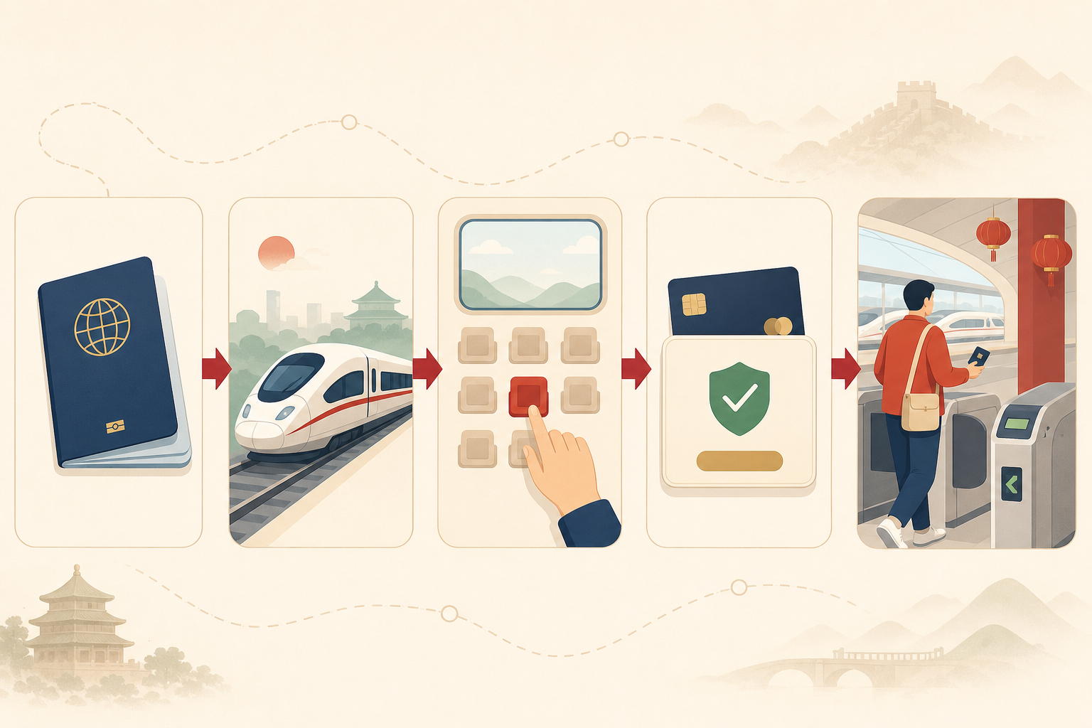 Passport-based China train booking and boarding steps.
