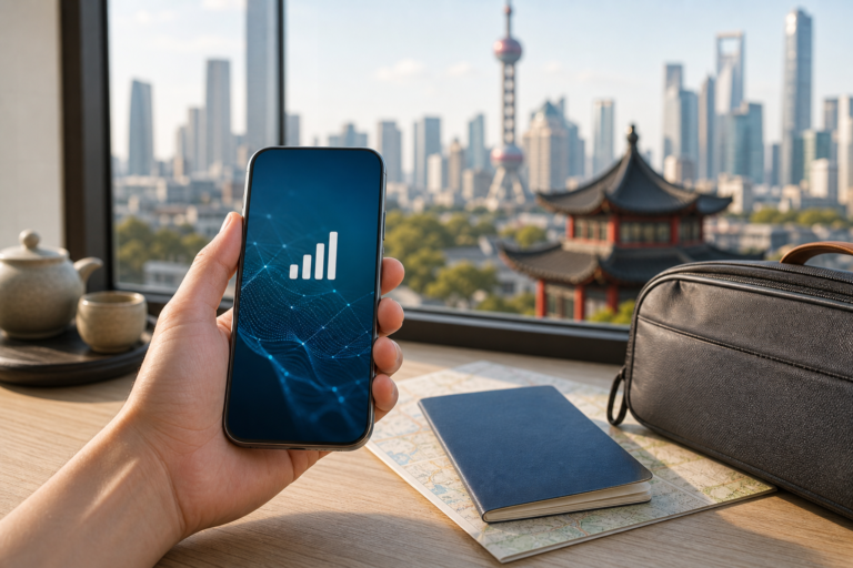 A traveler using mobile data on a smartphone in China