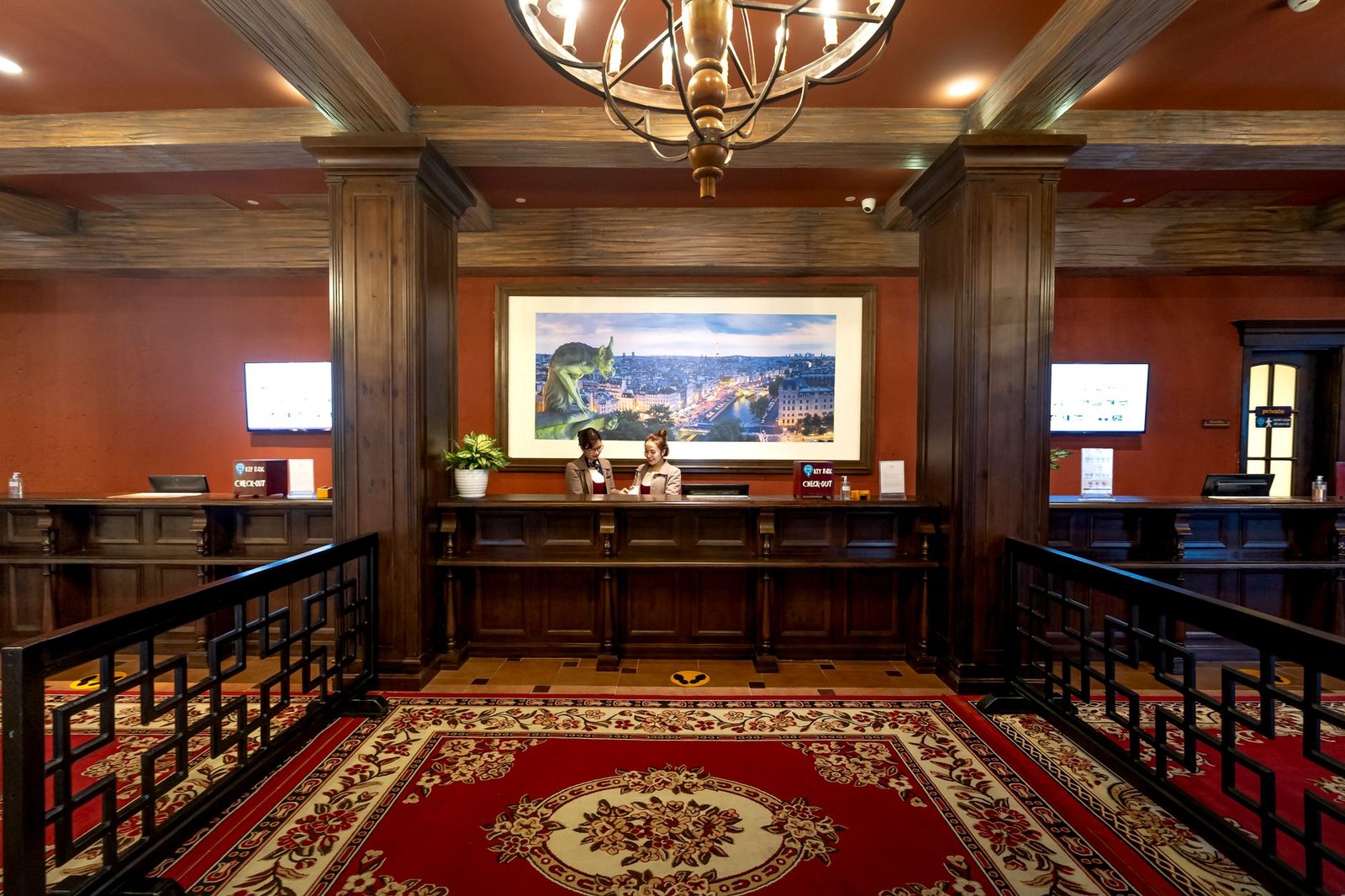 Hotel reception desk ready to check in an international guest.
