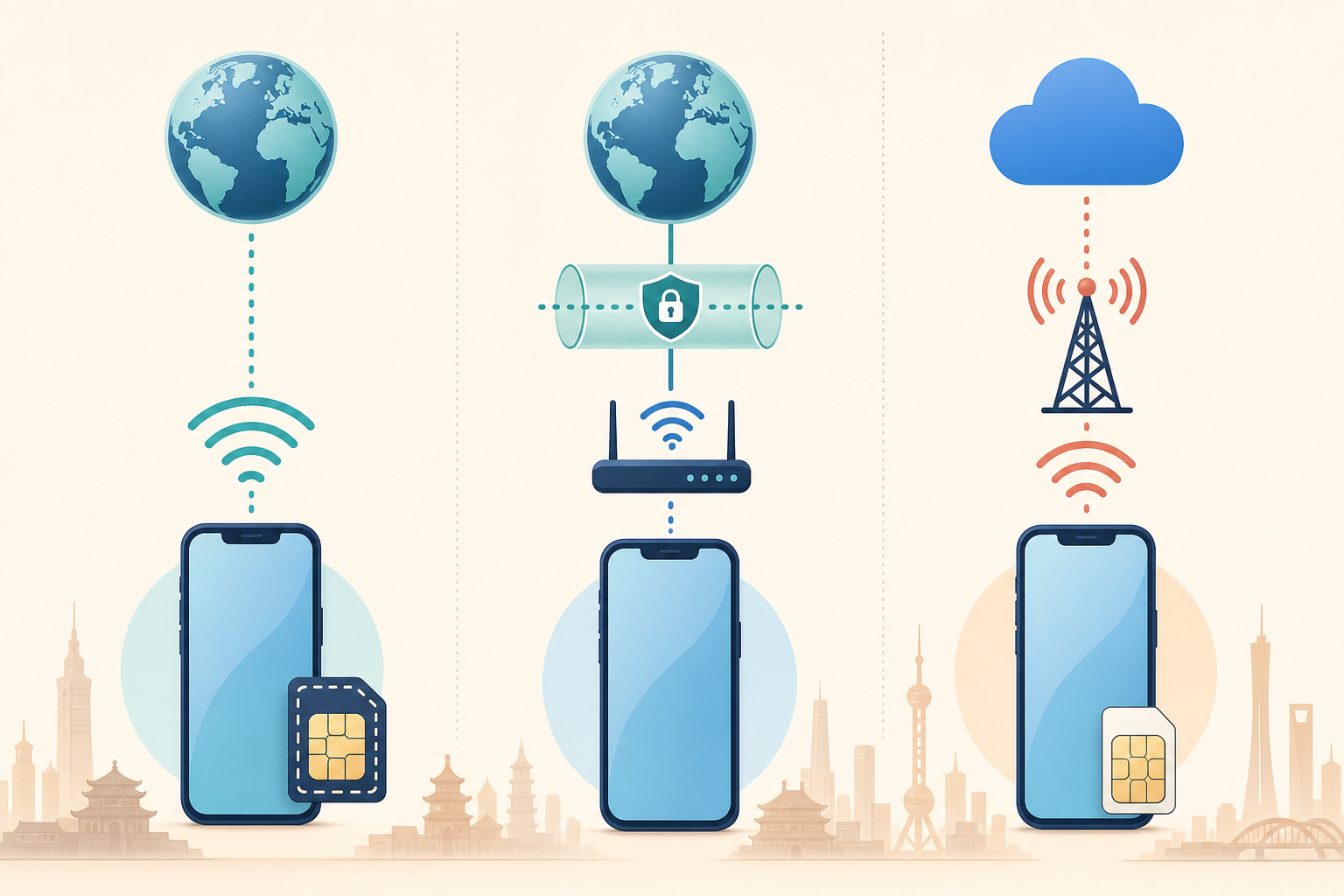 Comparison of roaming eSIM, VPN, and local SIM connections in China.
