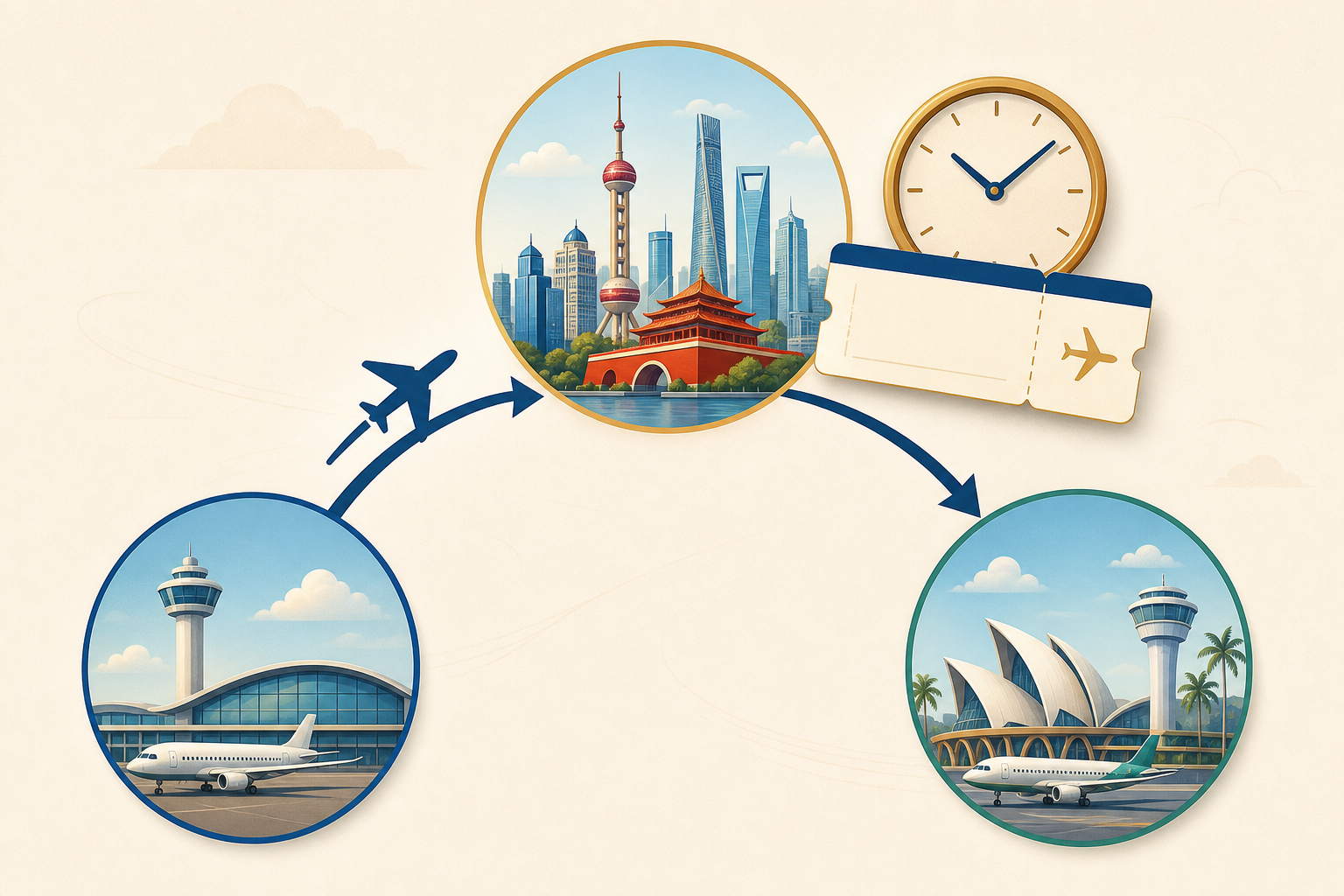 Third-country route and timing concept for visa-free transit in China.