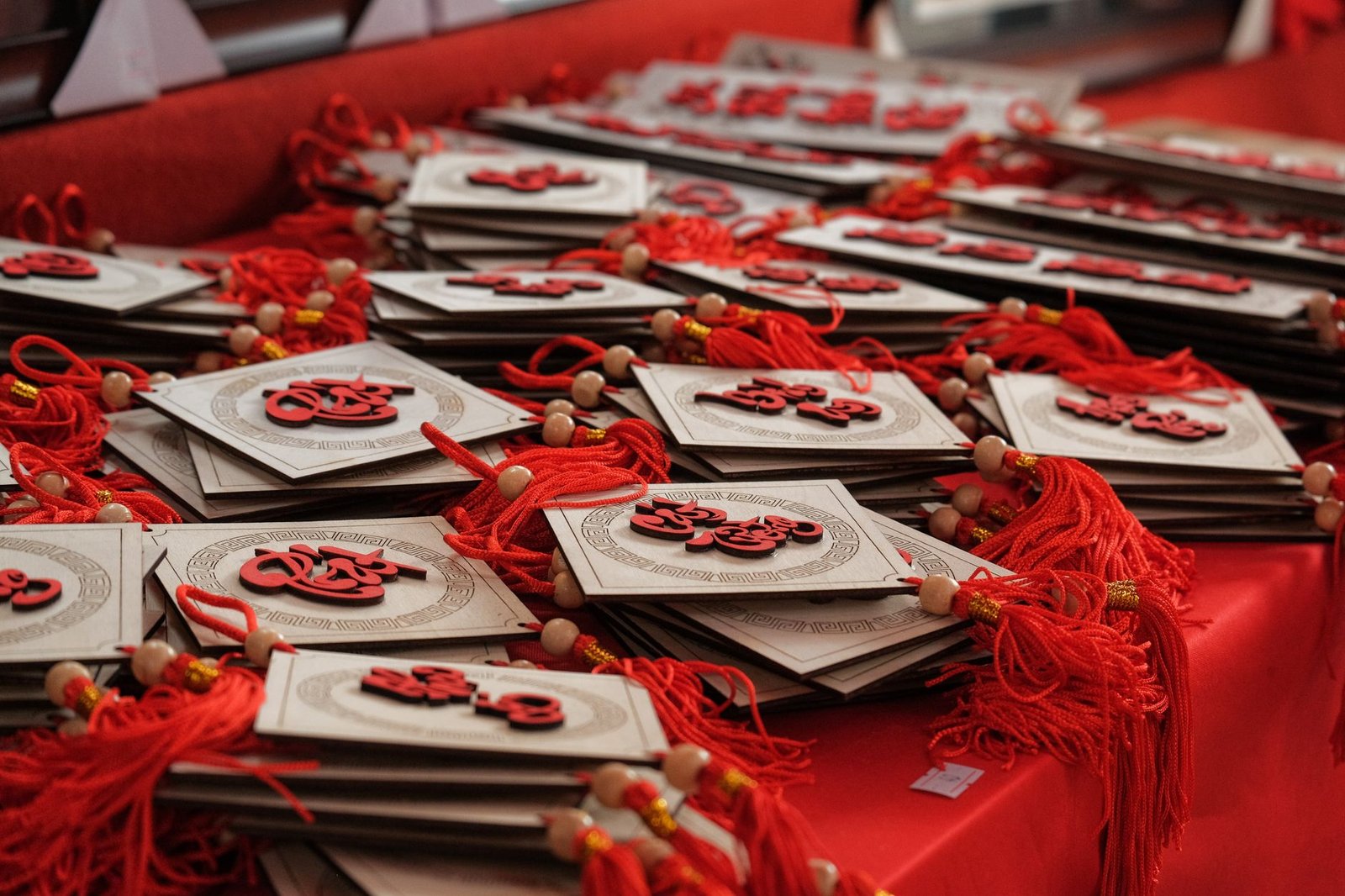 Traditional Chinese lunar calendar and zodiac decorations.