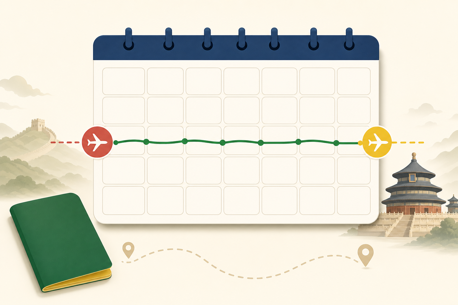 Entry and exit timeline for a short visa-free visit to China.