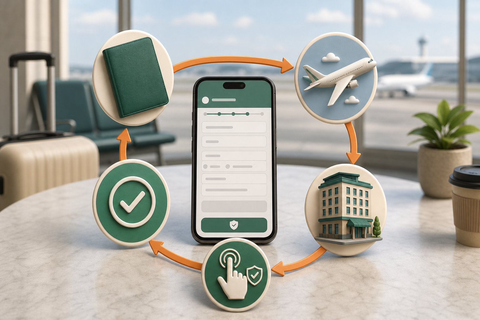 Digital arrival-card steps using passport, flight, and hotel details.