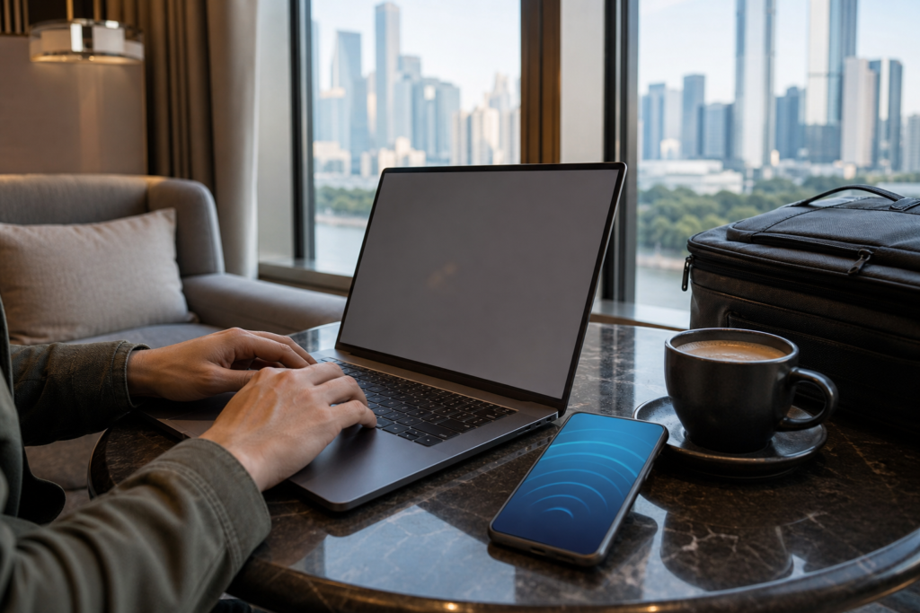 A traveler connecting a laptop securely while in China