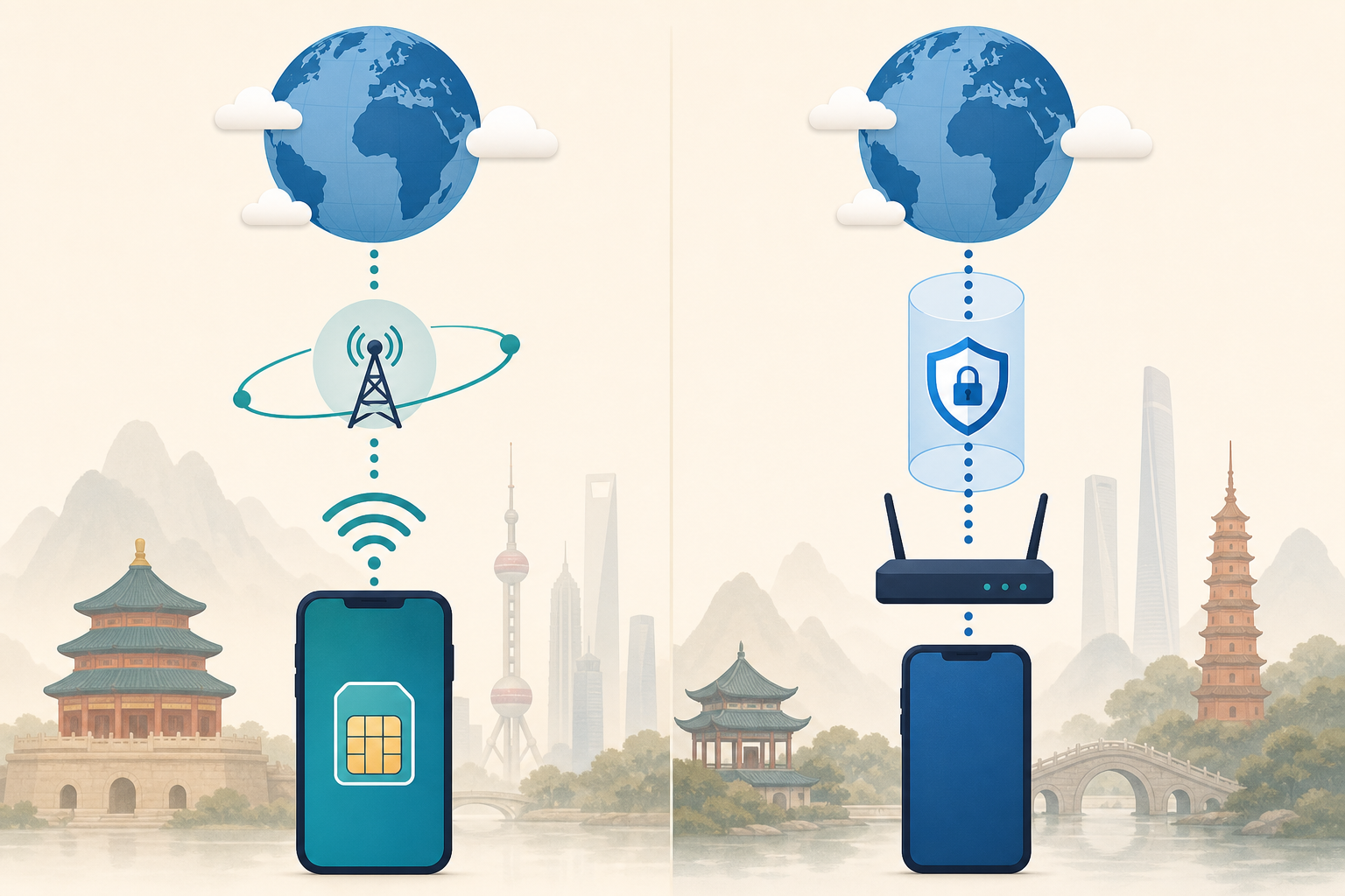 Roaming eSIM and VPN connectivity paths for travel in China.