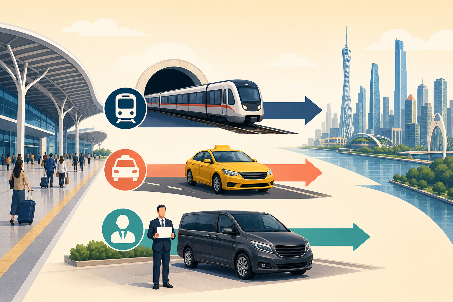 Metro, taxi, and transfer options from Guangzhou South Station.