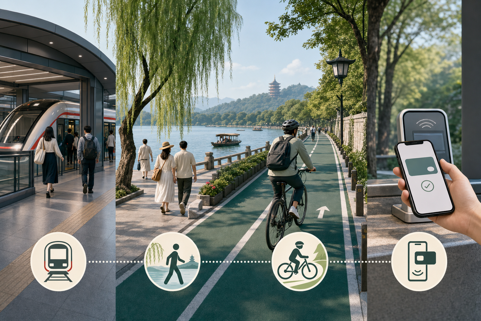 Ways to get around Hangzhou by metro, walking, and bicycle.