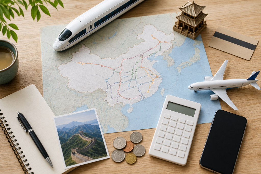 Chinese currency and travel planning materials