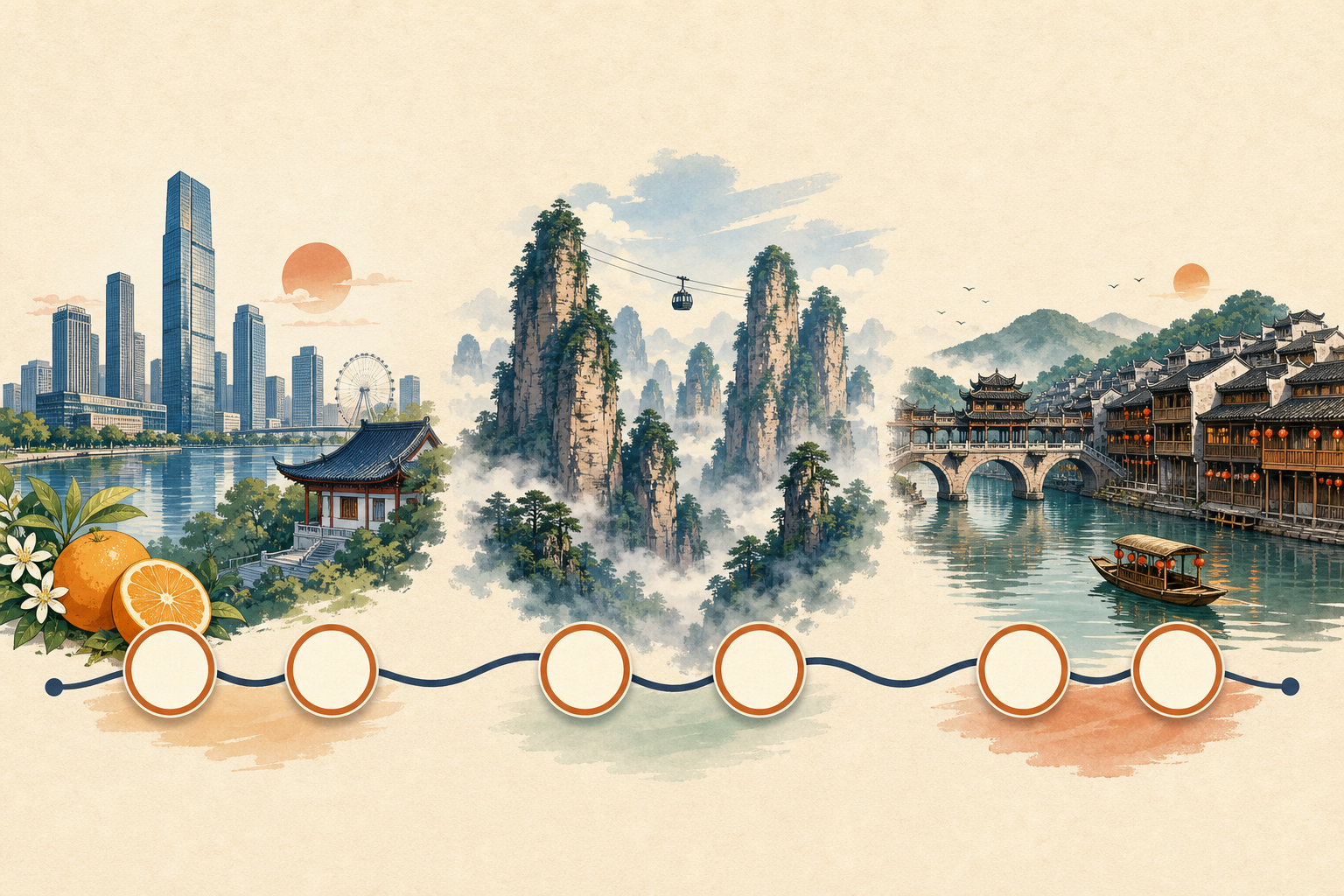 Six-day route through Changsha, Zhangjiajie, and Fenghuang.