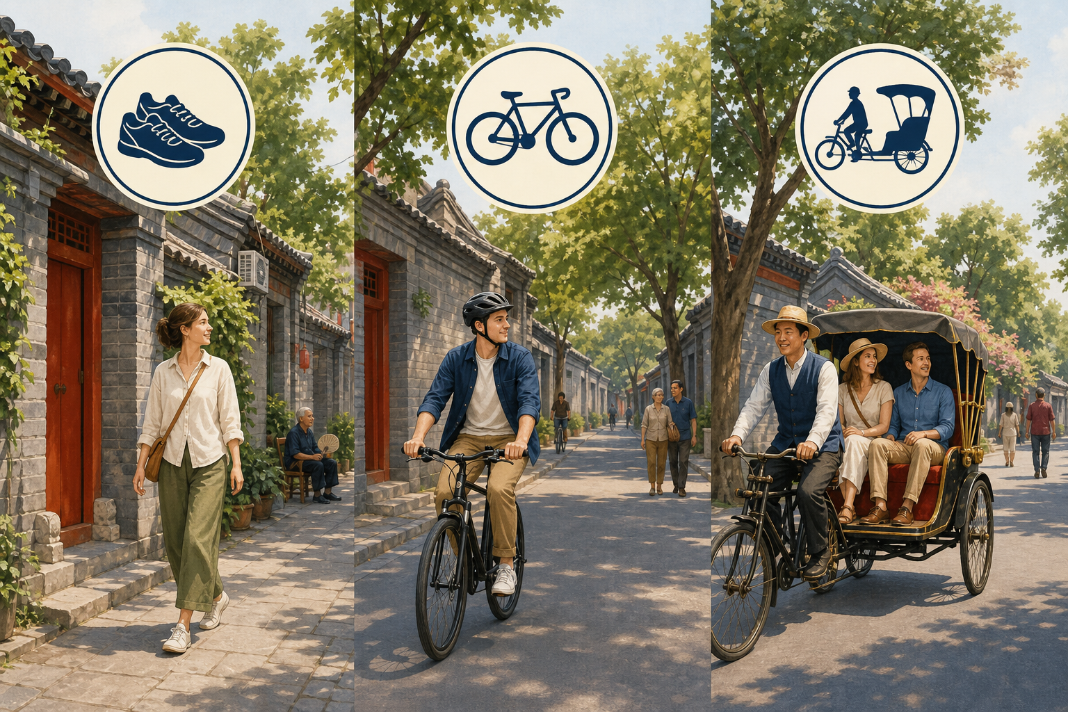 Walking, cycling, and rickshaw options for exploring Beijing hutongs.