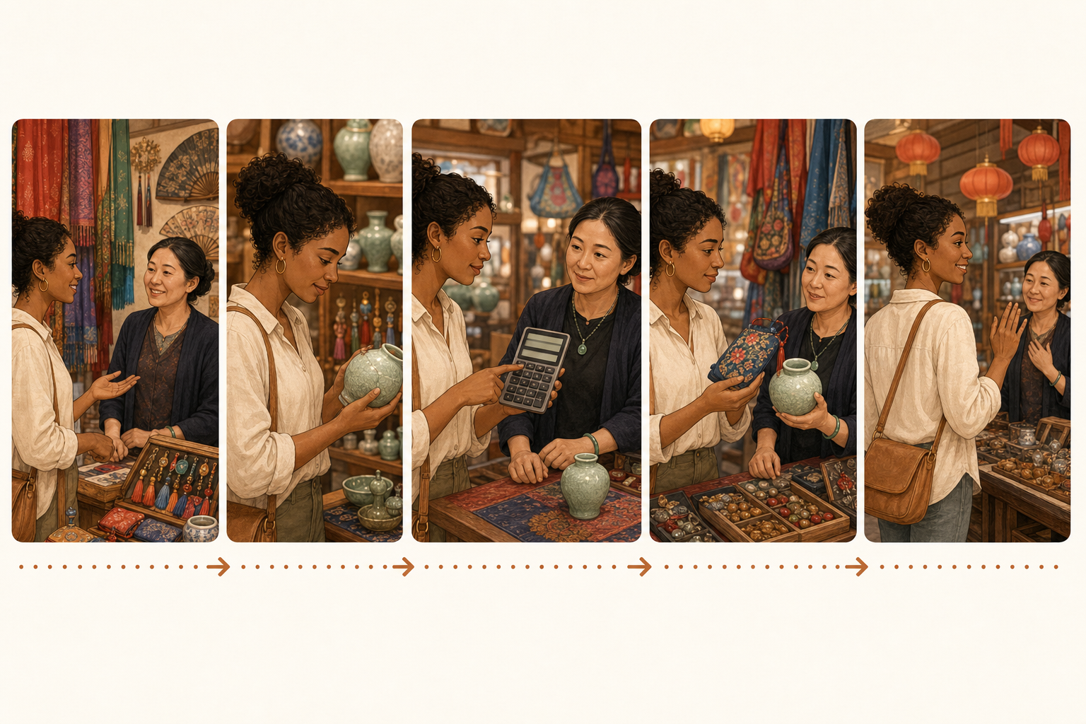 Polite bargaining steps for shopping in a Beijing market.