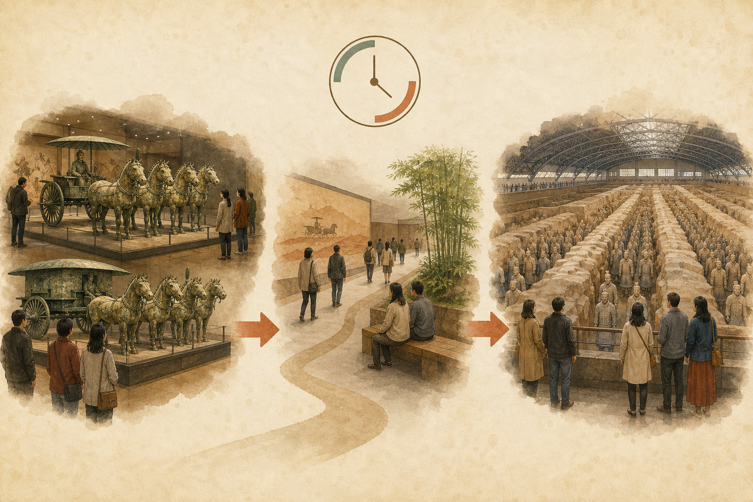 Two-hour visitor sequence for the bronze chariots and Terracotta Army pits.