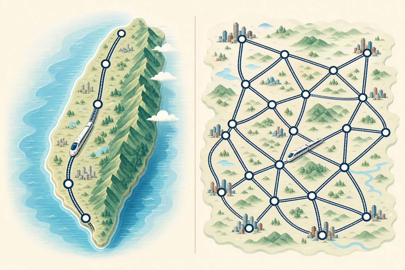 Schematic comparison of Taiwan and mainland China high-speed rail networks.