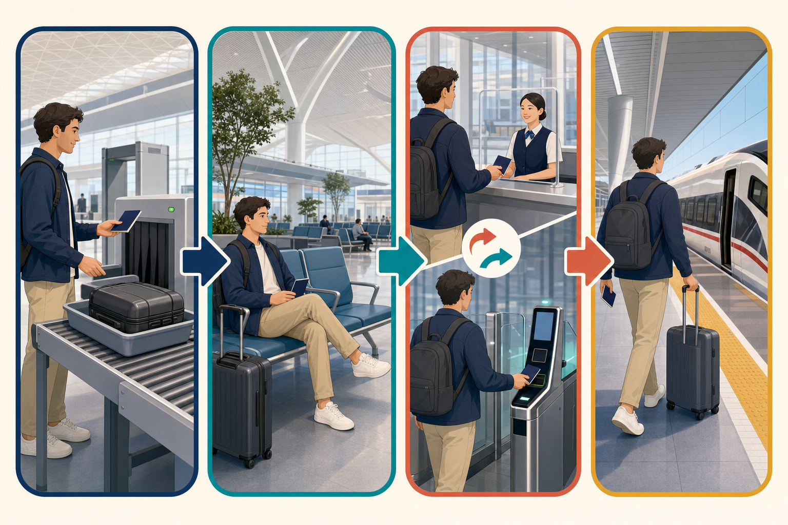 Passport-based boarding steps at a Shenzhen railway station.