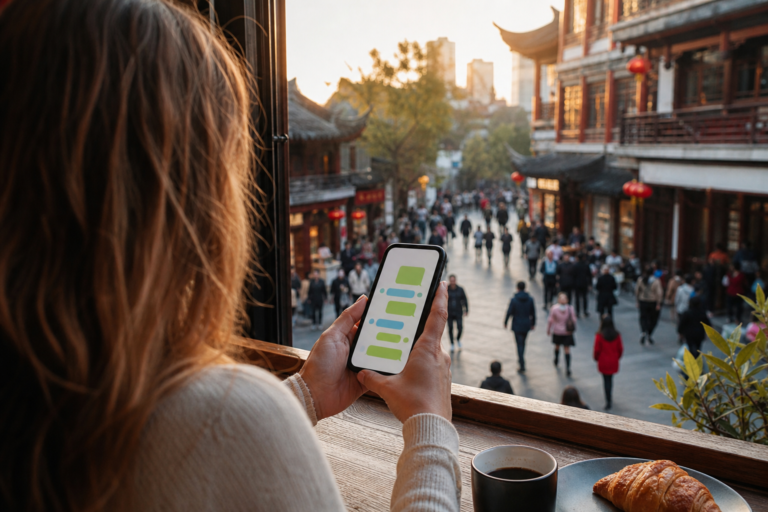 A traveler messaging securely on a smartphone in China