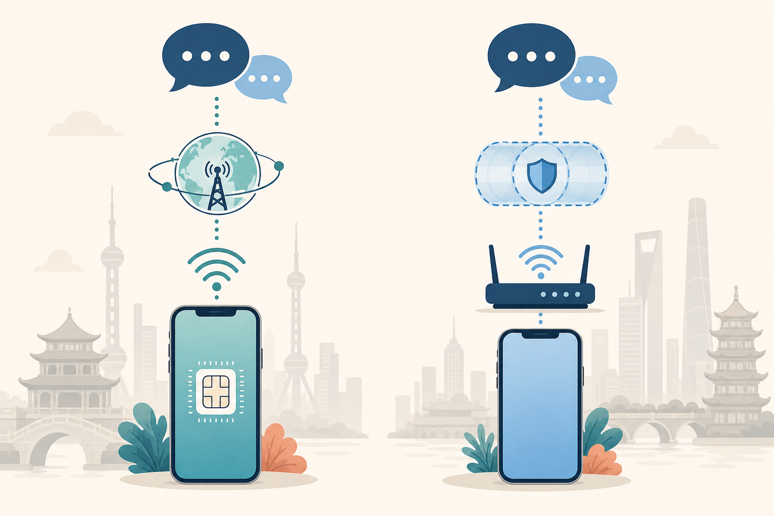 Roaming eSIM and VPN options for mobile messaging in China.