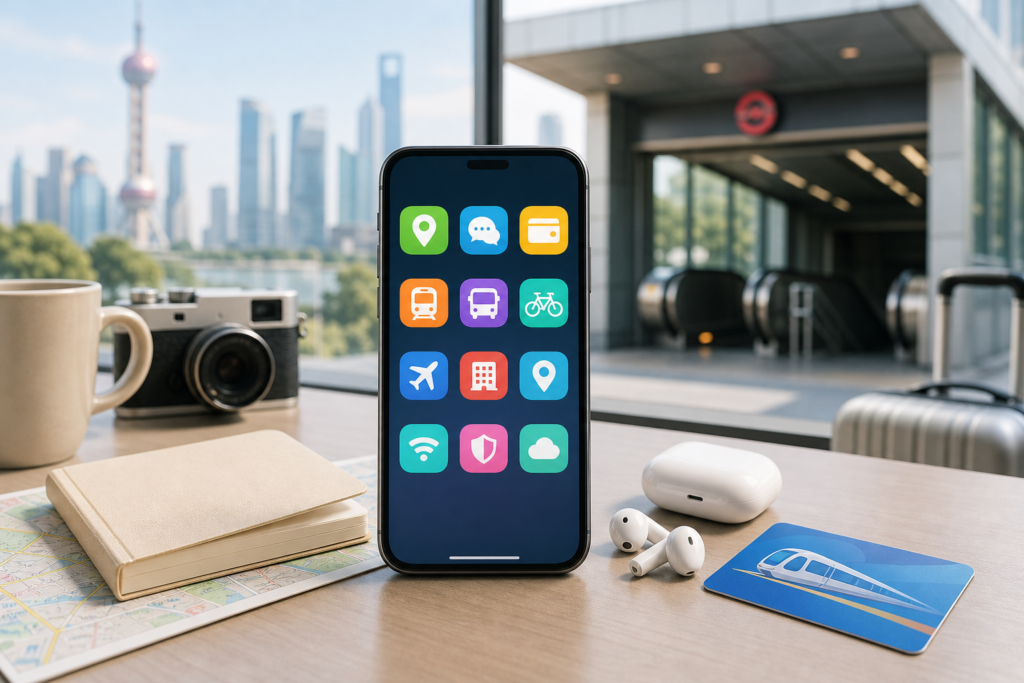 Useful travel apps arranged on a smartphone for a China trip