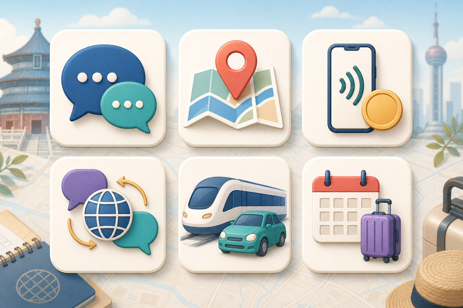 Useful app categories for messaging, maps, payments, and travel in China.