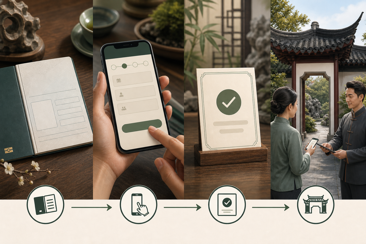Passport-based reservation and entry steps for Yu Garden.