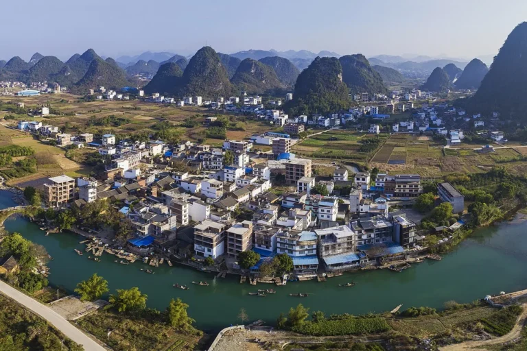 Aerial view of Yangshuo's karst landscape near Guilin