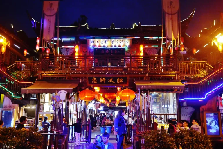 Lantern-lit entrance to Jinli Ancient Street in Chengdu at night