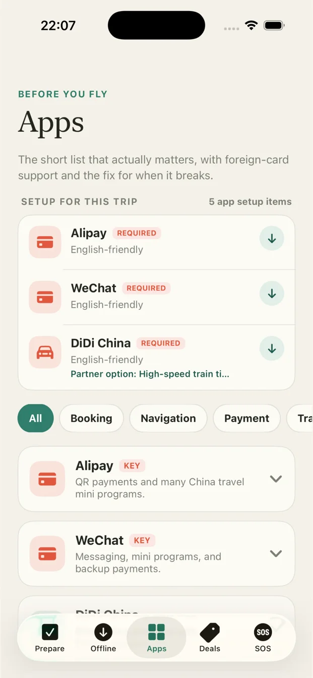 Apps tab listing Alipay, WeChat and DiDi setup guidance in Relax in China