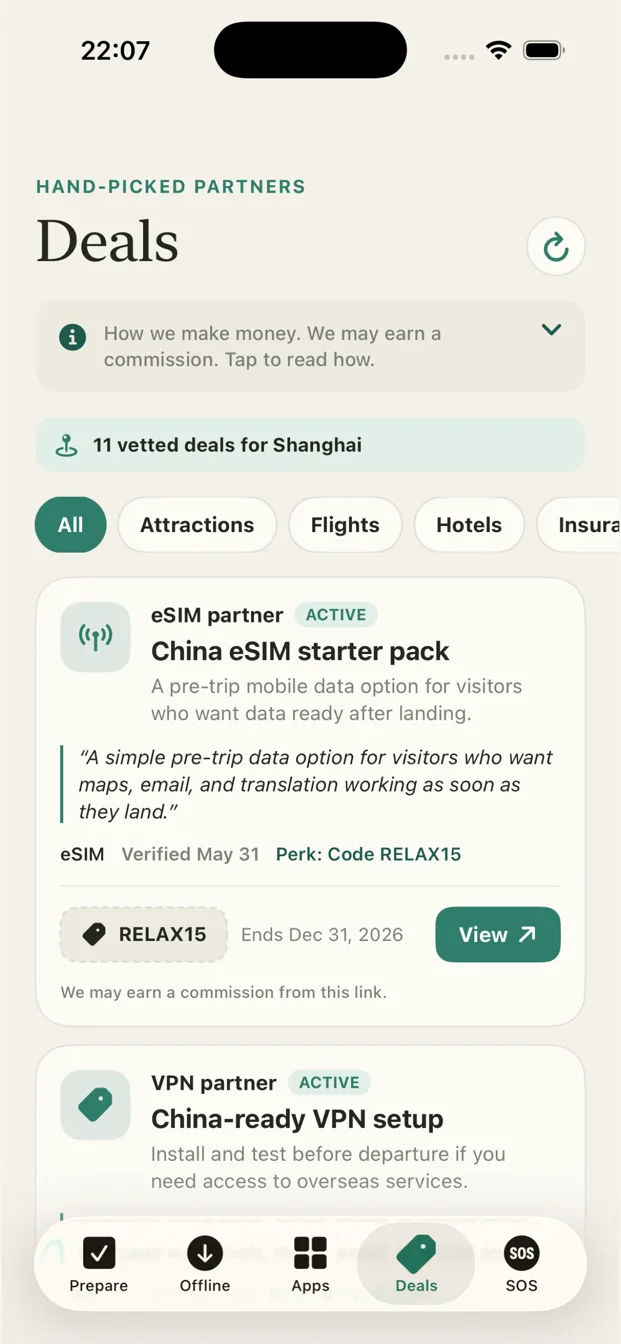 Deals tab showing affiliate disclosure and travel partner offers in Relax in China