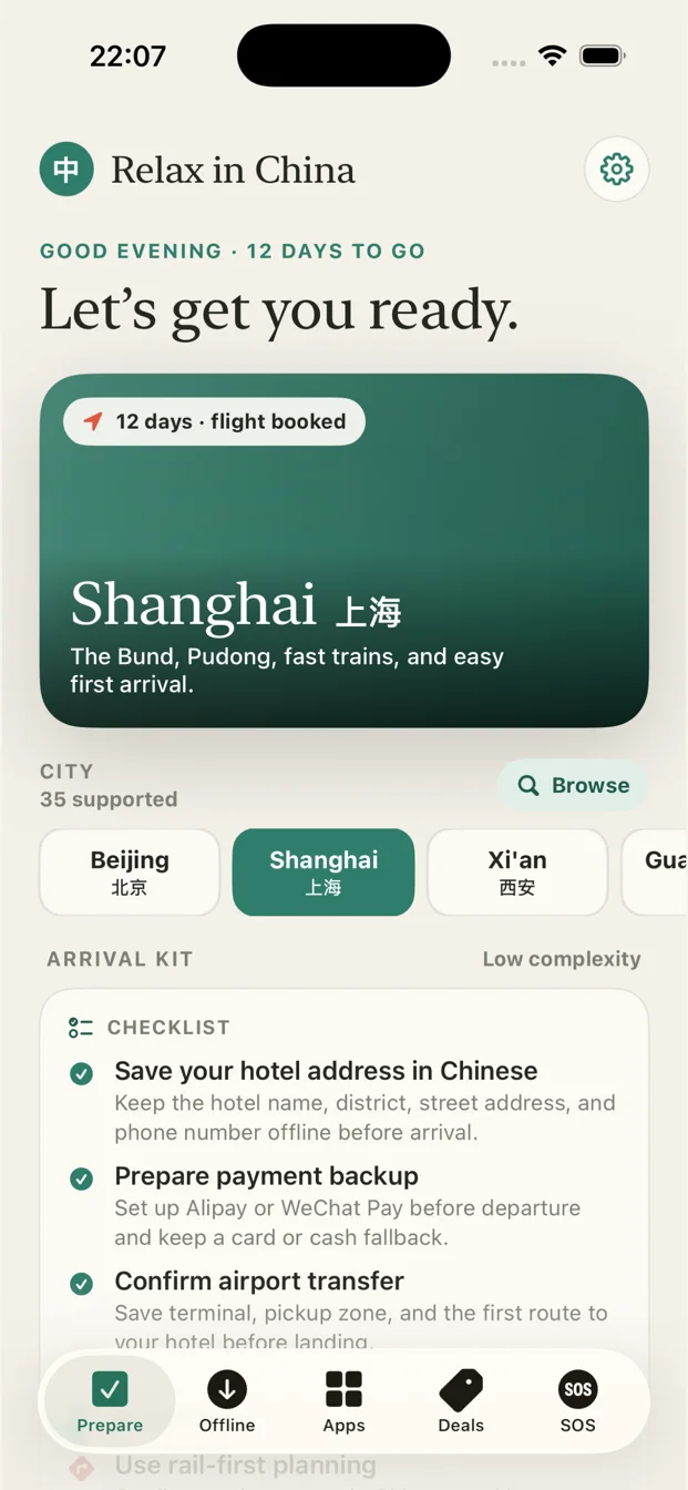 Prepare tab showing a Shanghai trip checklist in the Relax in China iPhone app