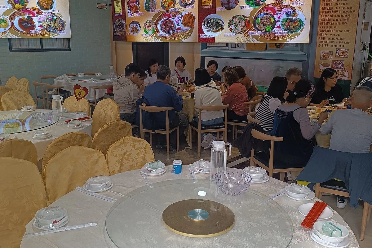 Round restaurant table set for a meal in Shunde, Guangdong