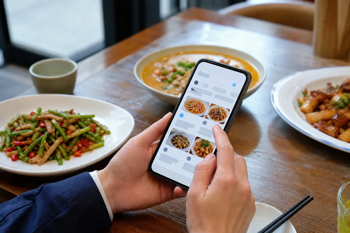 Illustration of a traveller choosing dishes on a phone at a restaurant table