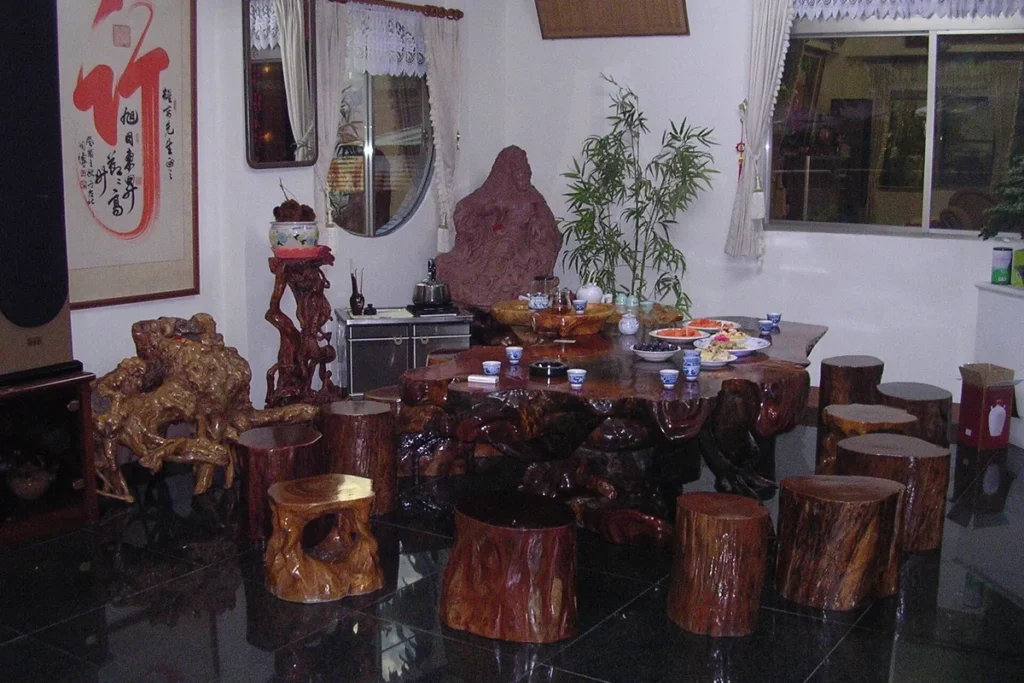 Traditional Chinese dining room arranged for tea and a shared meal