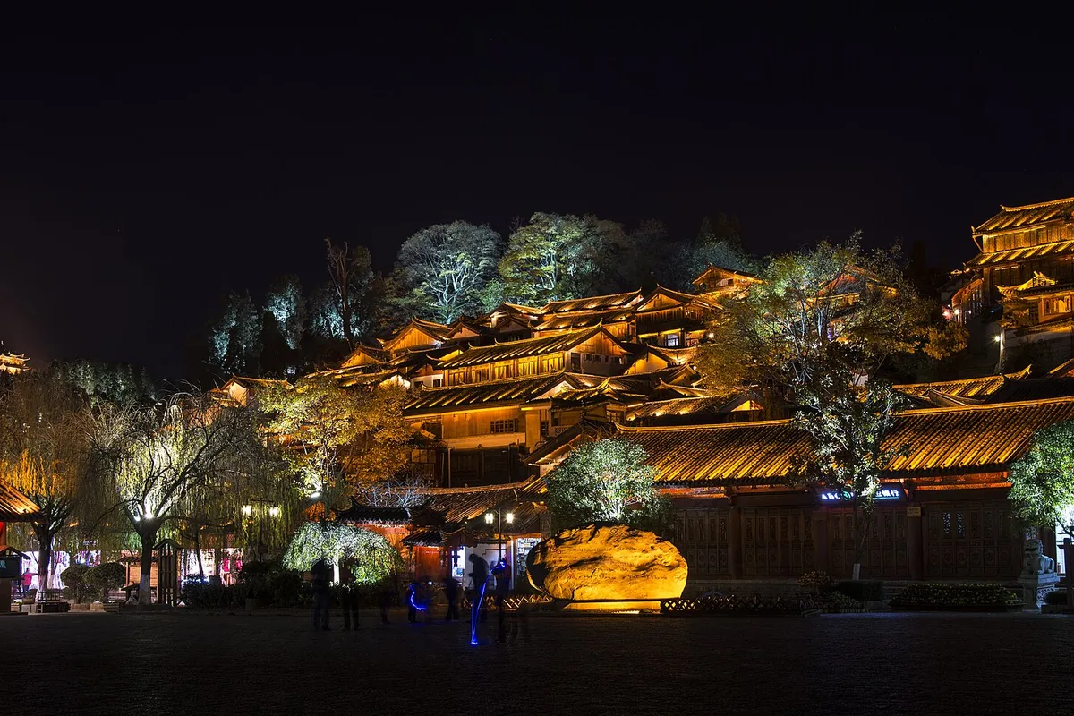 Lijiang Old Town illuminated at night