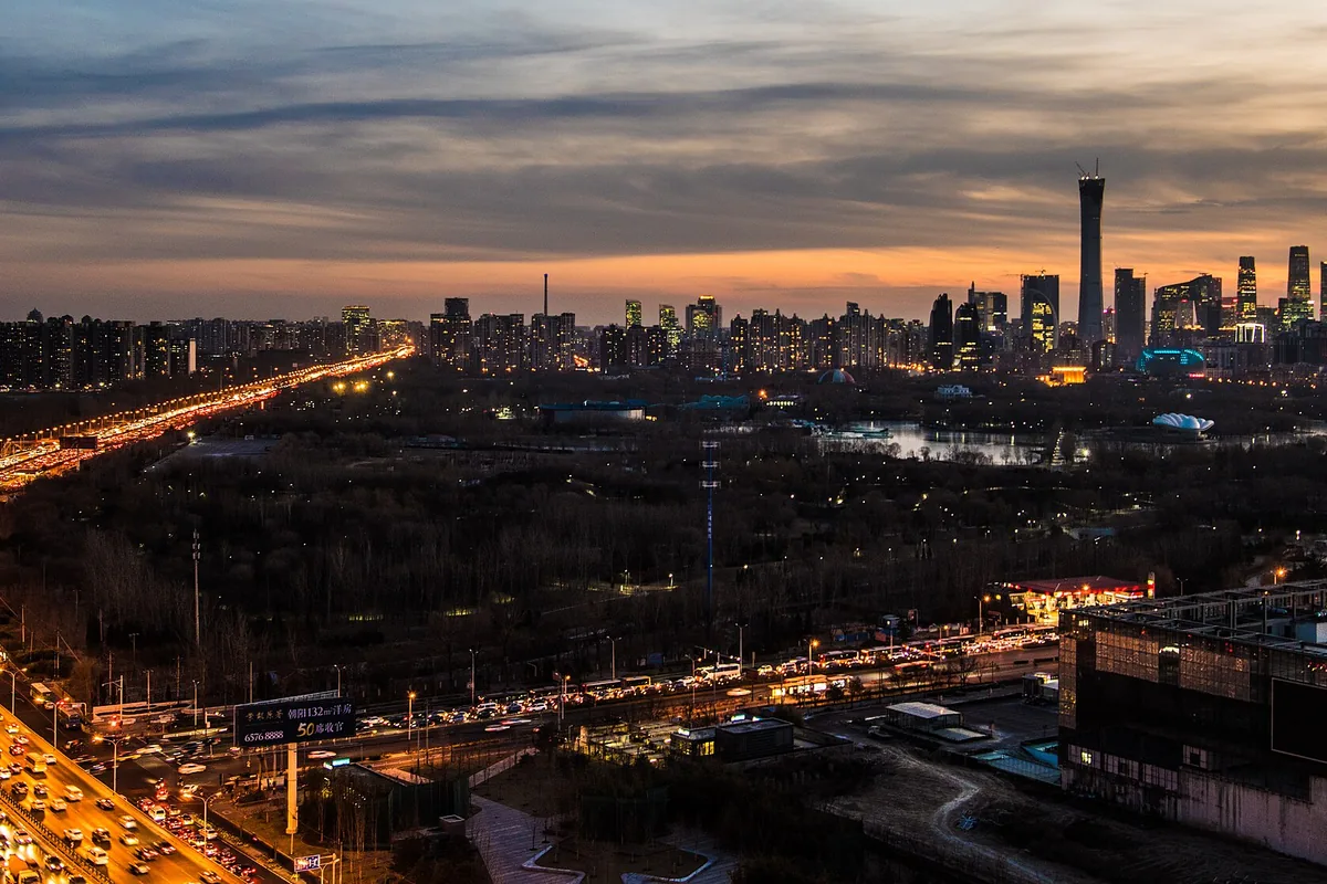 Beijing CBD and Chaoyang Park skyline at dusk
