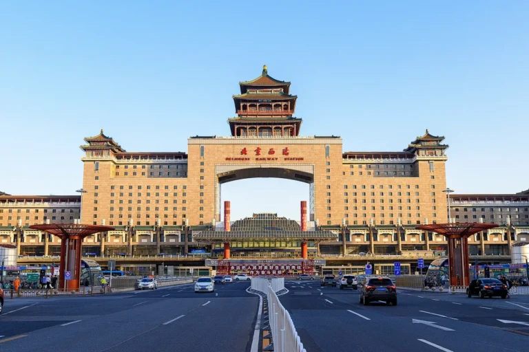 Main facade and road approach at Beijing West Railway Station