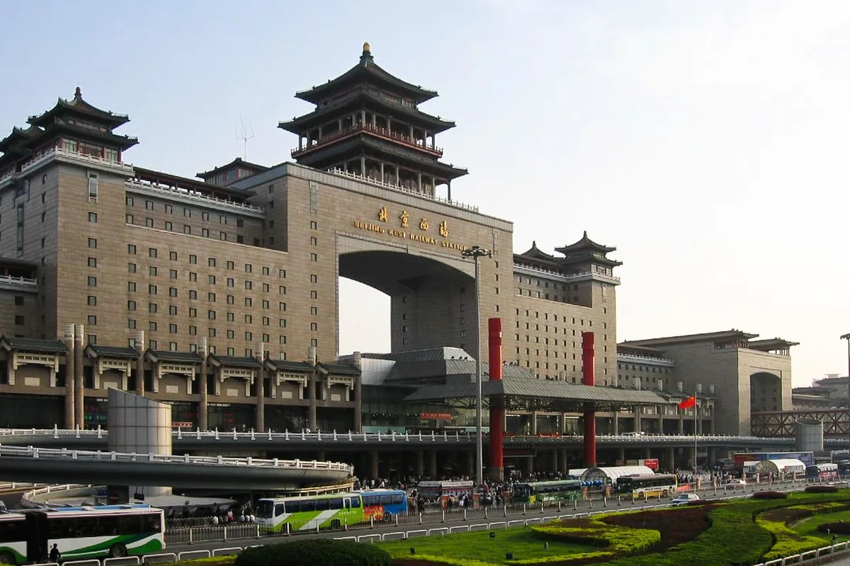 Beijing West Railway Station towers and entrance viewed from the square