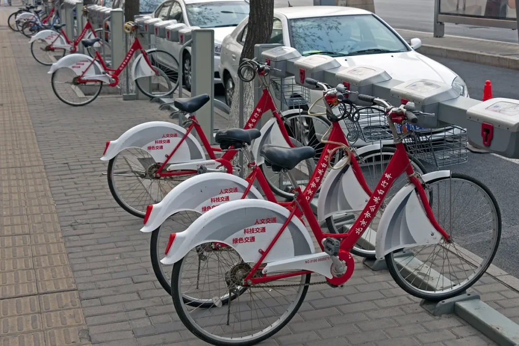 Shared bicycles parked at a rack in Beijing