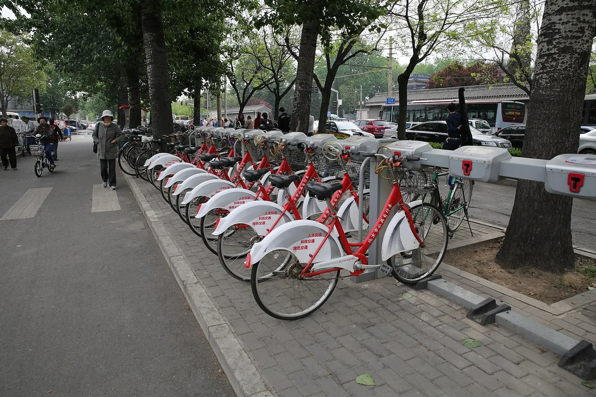 Rows of shared bicycles on a Beijing street
