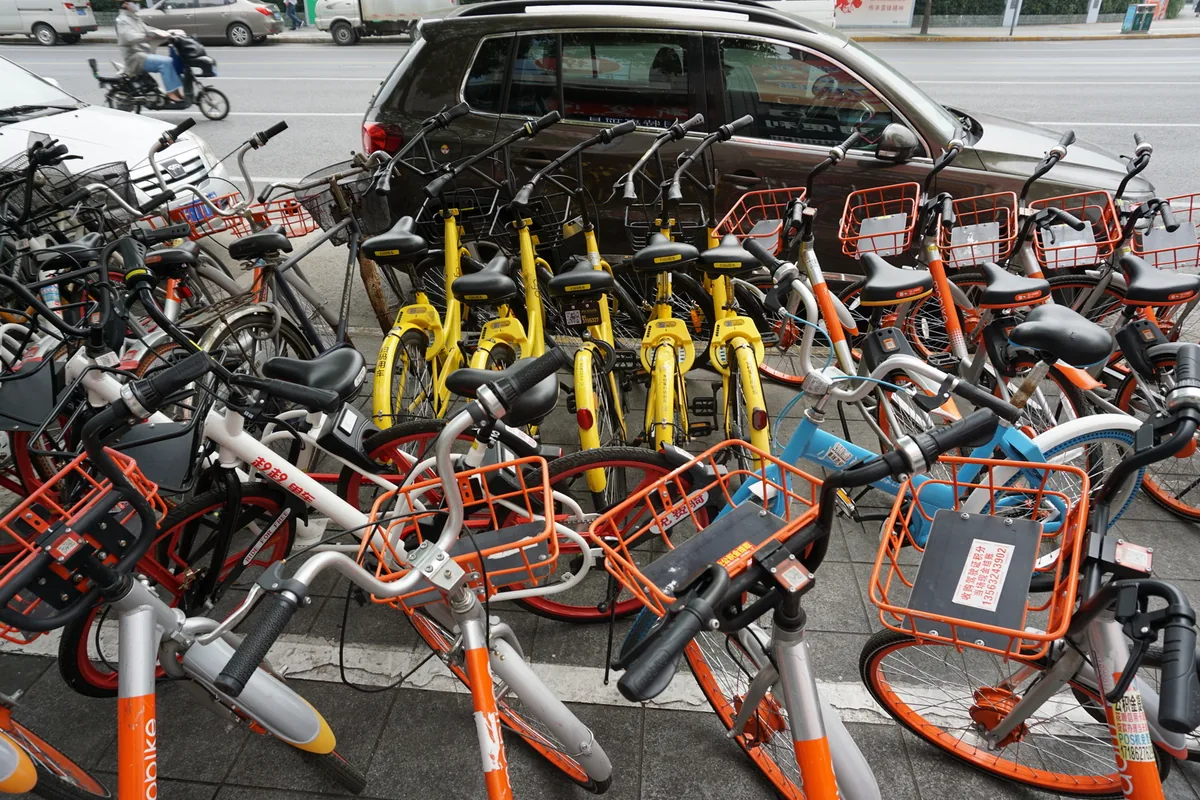 Shared bicycles from several operators parked in Shanghai