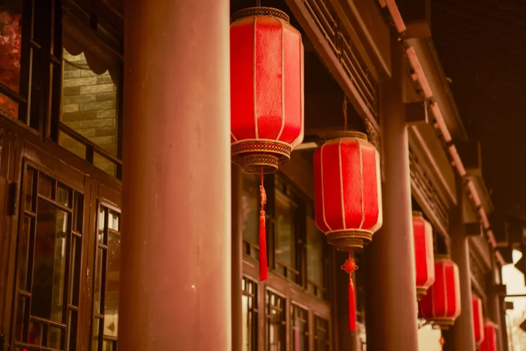 Red lanterns decorating a traditional Chinese building