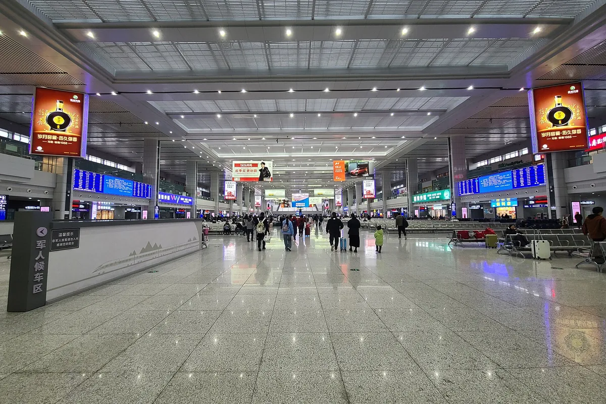 Bright waiting hall inside Chongqing North Railway Station