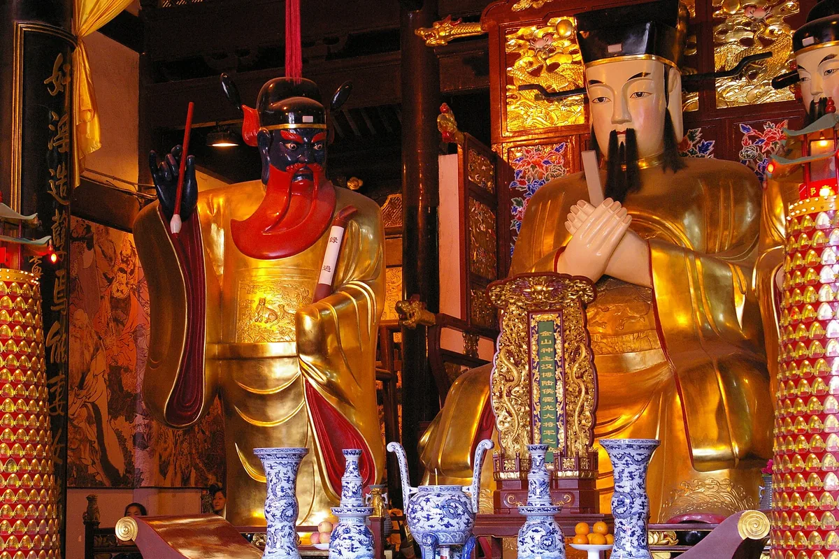Altar and painted interior details at Shanghai City God Temple