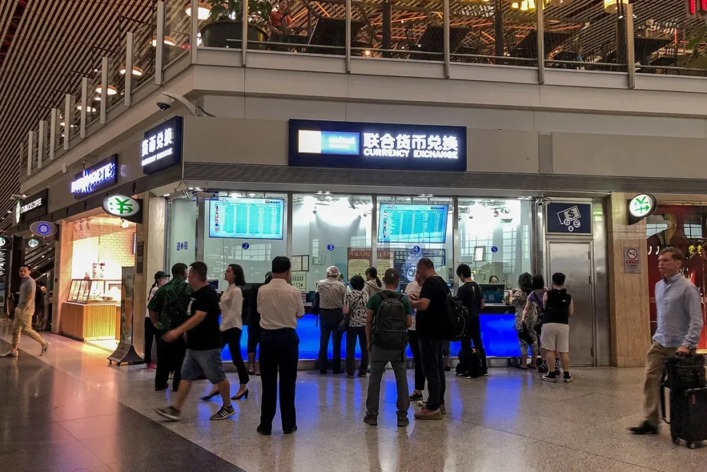 Currency exchange counter at Beijing Capital International Airport Terminal 3