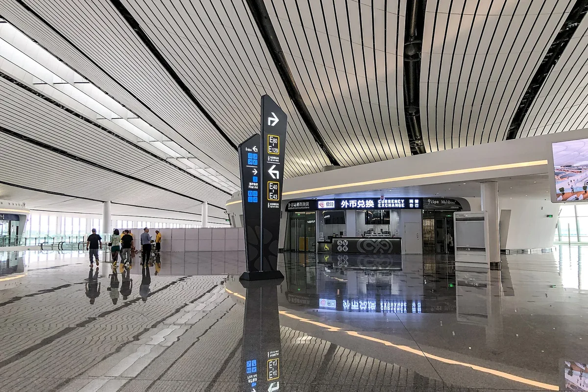 Currency exchange counter in Beijing Daxing Airport international departures