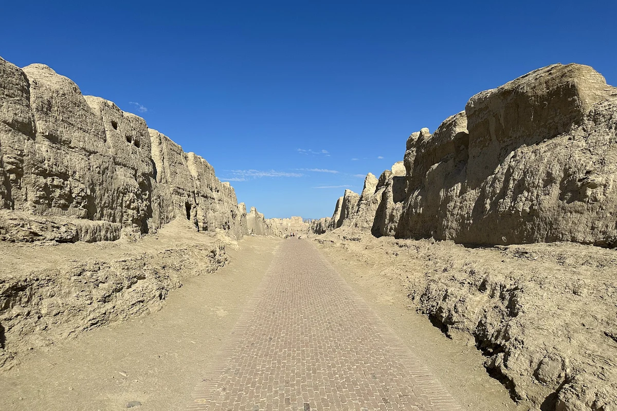 Central avenue through the earthen ruins of Jiaohe near Turpan