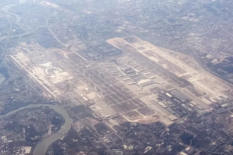 Aerial view of Guangzhou Baiyun International Airport and runways