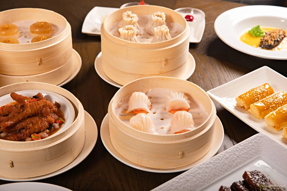 Cantonese dim sum served in bamboo steamers