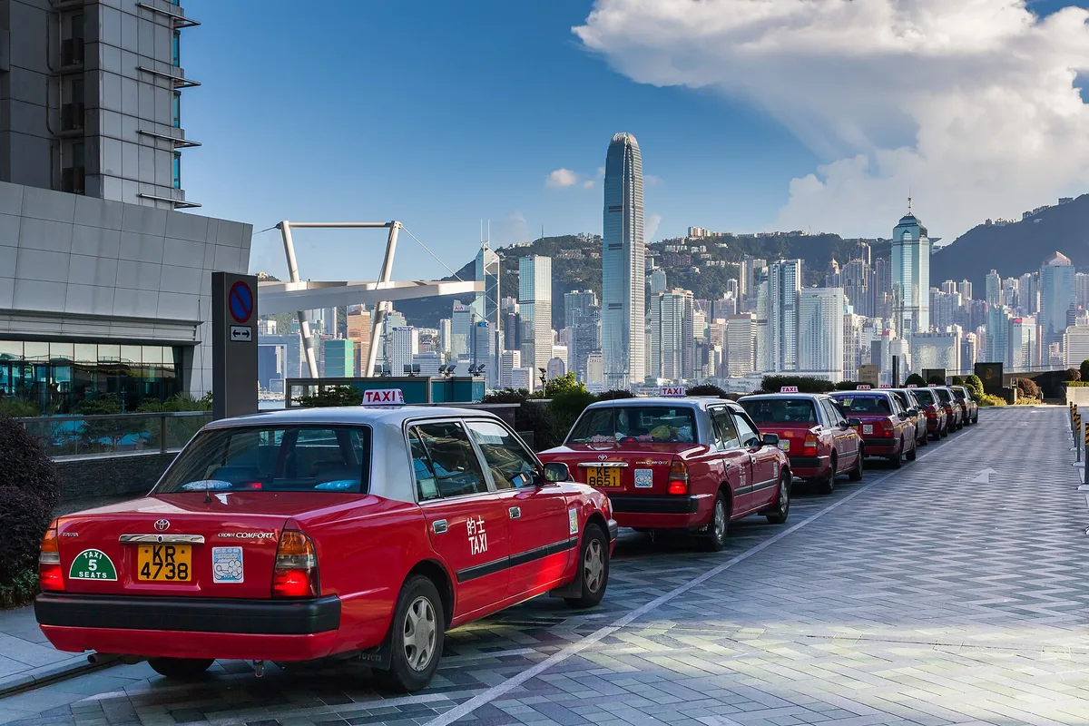 Row of taxis at the International Commerce Centre, Kowloon, Hong Kong