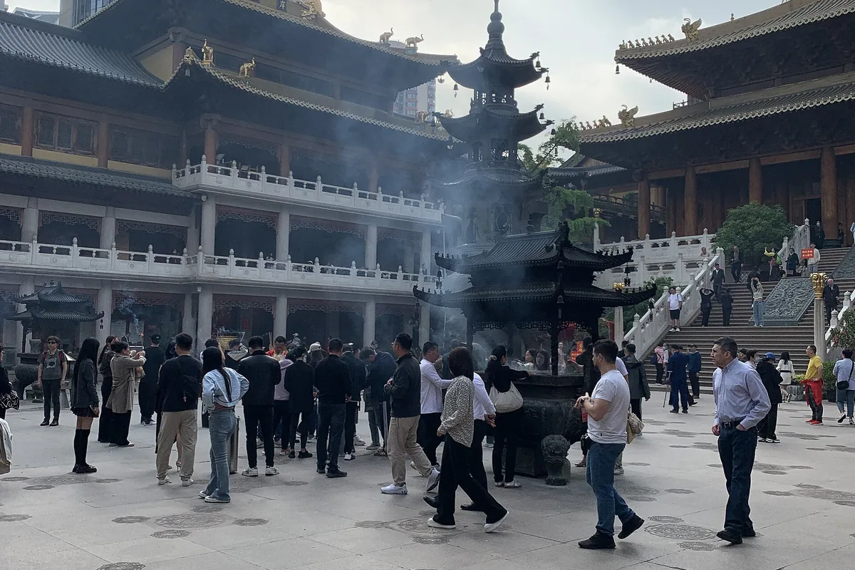 Courtyard and main buildings inside Jing'an Temple in Shanghai