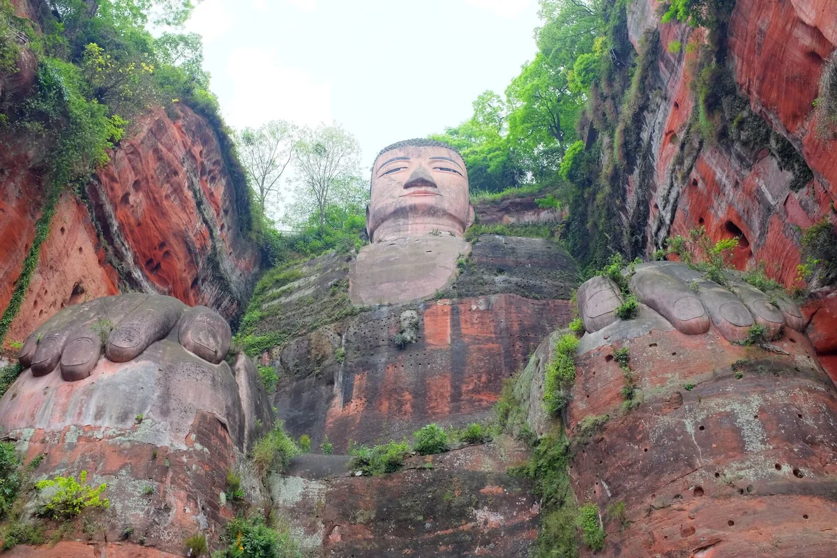 Close view of the Leshan Giant Buddha from the cliff path